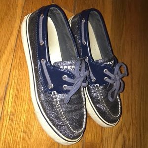 Navy sparkly sperry shoes